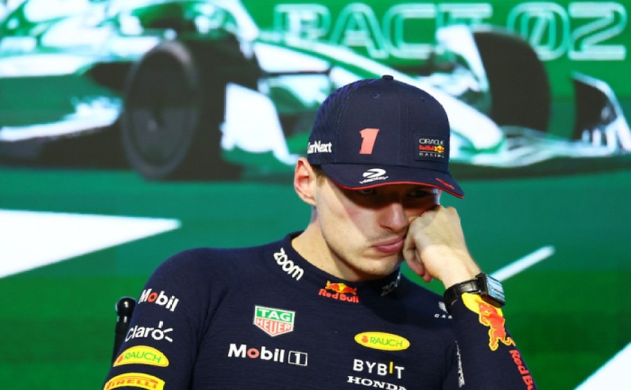JEDDAH, SAUDI ARABIA - MARCH 19: Second placed Max Verstappen of the Netherlands and Oracle Red Bull Racing looks on in parc ferme the press conference after the F1 Grand Prix of Saudi Arabia at Jeddah Corniche Circuit on March 19, 2023 in Jeddah, Saudi Arabia.