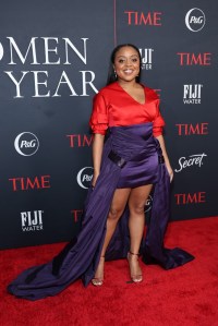 Quinta Brunson, heels, high heels, sandals, heeled sandals, red sandals, satin sandals, Fendi, dress, red dress, purple dress, Time, Women of the Year, Women of the Year Gala, red carpet, gala, celebrity red carpet