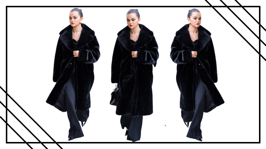 Selena Gomez is seen on the streets of Manhattan on March 29, 2023 in New York City in Mango's Chilly Coat
