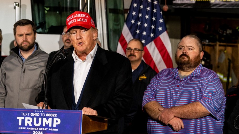 Former President Donald Trump delivering remarks at the East Palestine Fire Department station on February 22 in East Palestine, Ohio.