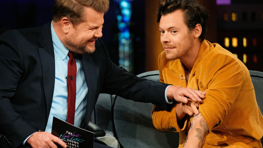 Harry Styles showing James Corden his "late late" tattoo on the last episode of "The Late Late Show WIth James Corden" on April 27.