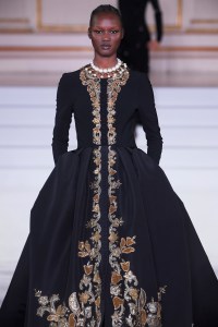 Model on the runway at Carolina Herrera Fall 2023 Ready To Wear Fashion Show at The Plaza on February 13, 2023 in New York, New York.