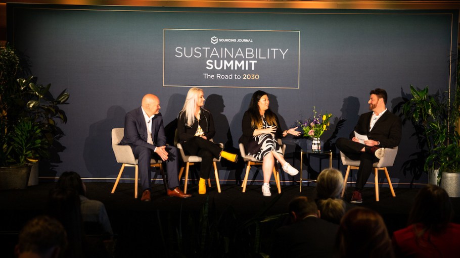 From left, Centric Software's Reid Swanson, Sarah Von Holst and Jade Huang with Sourcing Journal's Glenn Taylor