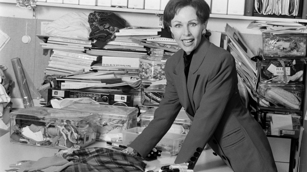 Designer Eleanor P Brenner with fabric selections for her spring 1992 collection.