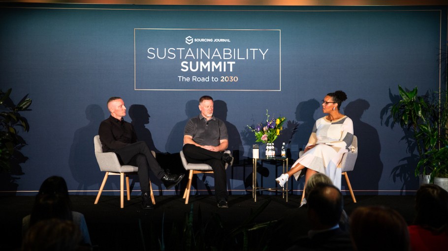 From left, FGX International's Matthew Coon and Eric Rhea with Sourcing Journal's Jessica Binns