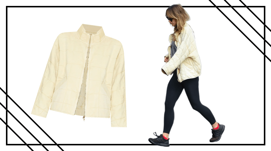 cream-colored jacket; woman walking in leggings and cream-colored jacket