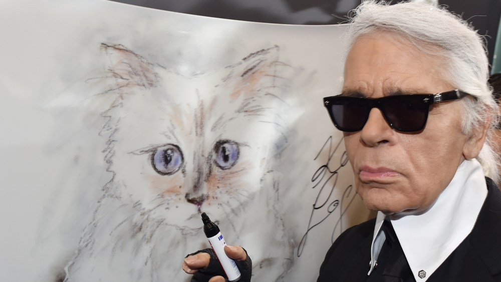 Karl Lagerfeld stands at the vernissage "Corsa Karl und Choupette" for his photo calendar in the Palazzo Italia at a drawing of his Burma cat.