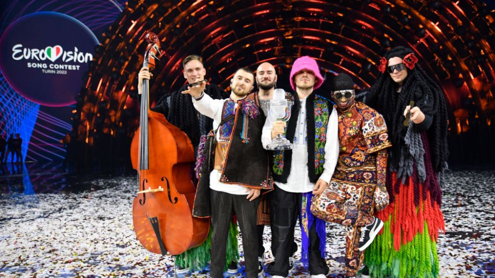 TURIN, ITALY - MAY 14: Kalush Orchestra of Ukraine is named the winner during the Grand Final show of the 66th Eurovision Song Contest at Pala Alpitour on May 14, 2022 in Turin, Italy. (Photo by Giorgio Perottino/Getty Images)