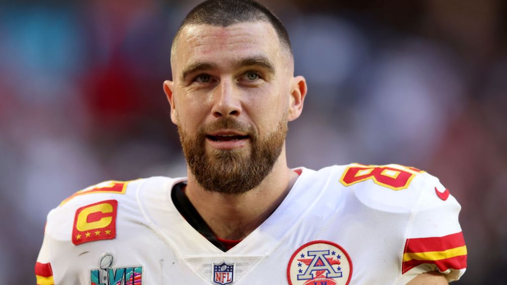 Kansas City Chiefs Travis Kelce during the first quarter in the 2023 Super Bowl on February 12.