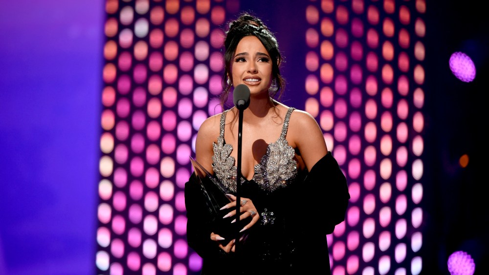 LAS VEGAS, NEVADA - APRIL 20: Becky G accepts the Collaboration of the Year award onstage during the 2023 Latin American Music Awards at MGM Grand Garden Arena on April 20, 2023 in Las Vegas, Nevada. (Photo by Mindy Small/Getty Images)