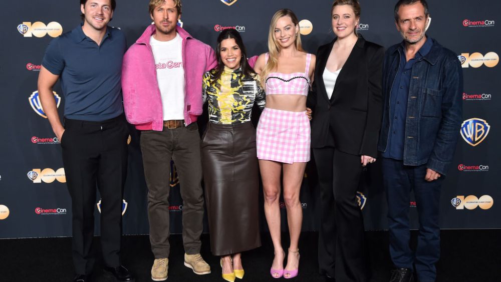 (L-R) Tom Ackerley, Ryan Gosling, America Ferrera, Margot Robbie, Greta Gerwig and David Heyman attend the State of the Industry and Warner Bros. Pictures Presentation at The Colosseum at Caesars Palace during CinemaCon, the official convention of the National Association of Theatre Owners, on April 25, 2023, in Las Vegas, Nevada.