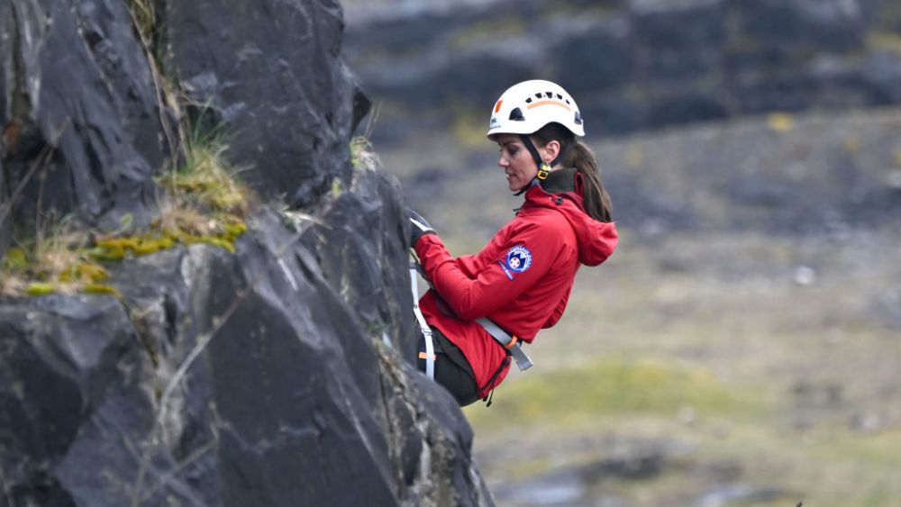 Catherine, Princess of Wales abseils down a quarry at the Central Beacons Mountain Rescue during day one of her visit to Wales with Prince William, Prince of Wales on April 27, 2023 in Merthyr Tydfil, Wales. The Prince and Princess of Wales are visiting the country to celebrate the 60th anniversary of Central Beacons Mountain Rescue and to meet members of local communities.