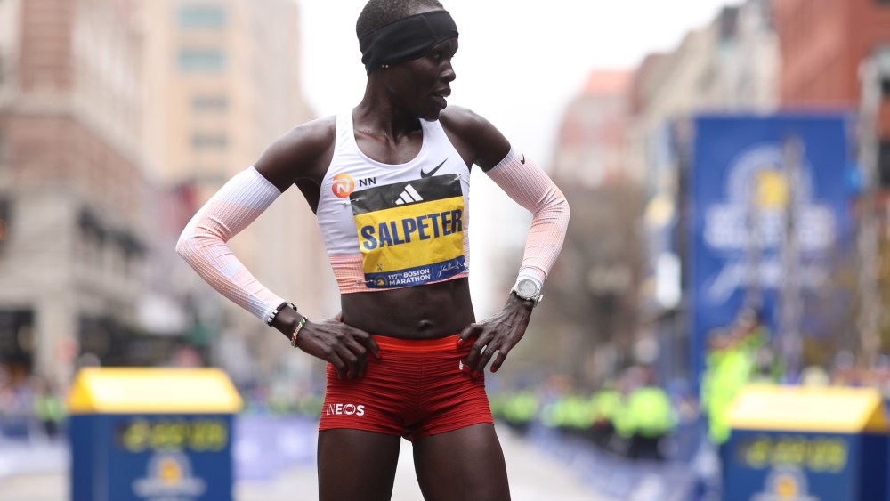 Lonah Salpeter of Israel looks on after crossing the finish line to take third place in the professional Women's Division during the 127th Boston Marathon on April 17, 2023.