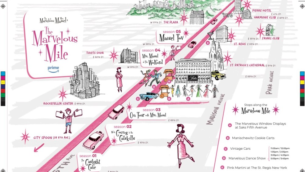 An illustrative map of Fifth Avenue's  upcoming celebration of "The Marvelous Mrs. Maisel."