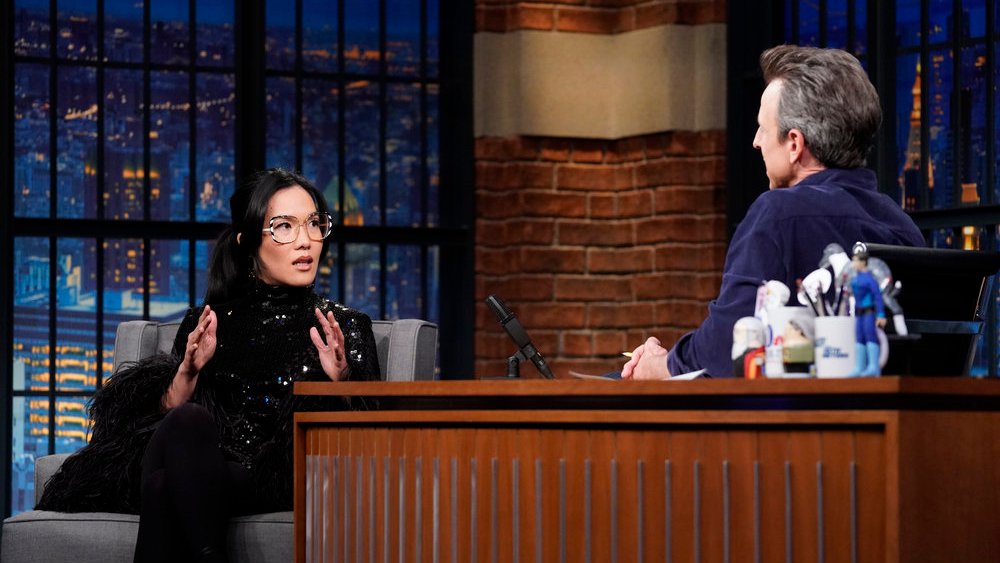 LATE NIGHT WITH SETH MEYERS -- Episode 1415 -- Pictured: (l-r) Comedian Ali Wong during an interview with host Seth Meyers on April 5, 2023 -- (Photo by: Lloyd Bishop/NBC)