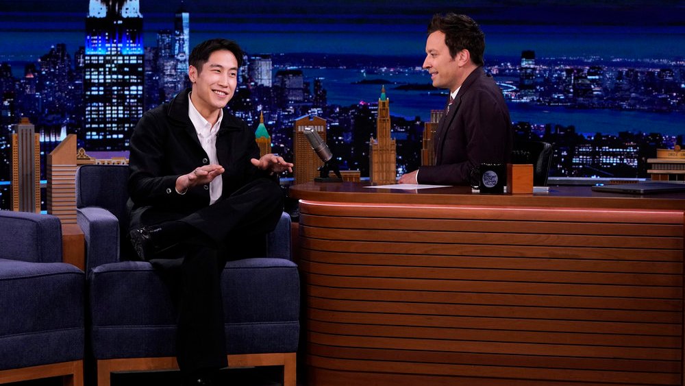 THE TONIGHT SHOW STARRING JIMMY FALLON -- Episode 1841 -- Pictured: (l-r) Actor Young Mazino during an interview with host Jimmy Fallon on Thursday, April 27, 2023 -- (Photo by: Rosalind O’Connor/NBC)