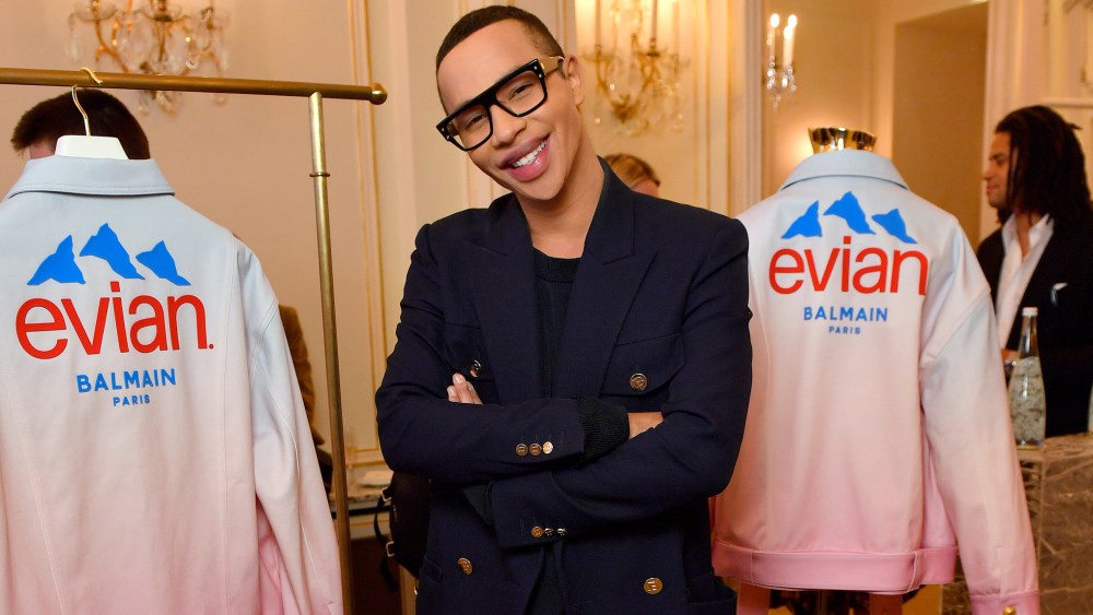 PARIS, FRANCE - APRIL 20: (EDITORS NOTE: This image has been retouched at the request of Balmain) Olivier Rousteing hosts the Balmain x evian collection first look, introducing the ready-to-wear capsule collection at the Plaza Athénée Hotel on April 20, 2023 in Paris, France. (Photo by Kristy Sparow/Getty Images for Evian)