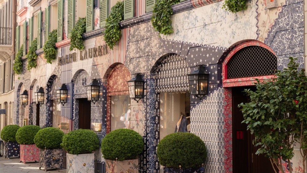 The facade of Ralph Lauren's Milan flagship covered in wallpapers for Milan Design Week.