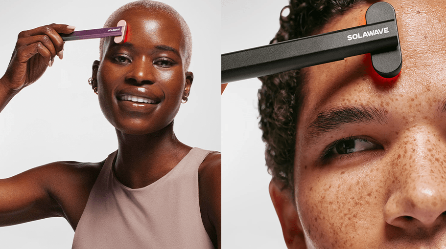 woman using a skin care tool; man using a skin care tool