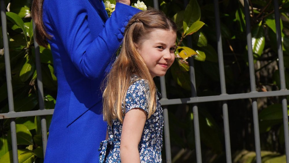 WINDSOR, ENGLAND - APRIL 09: Catherine, Princess of Wales with Princess Charlotte leave after attending the Easter Mattins Service at St George's Chapel at Windsor Castle on April 9, 2023 in Windsor, England. (Photo by Yui Mok - WPA Pool/Getty Images)