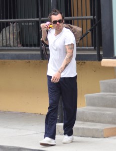 Harry Styles spotted as he leaves the Tracey Anderson Gym in Los Angeles on April 12, 2023.