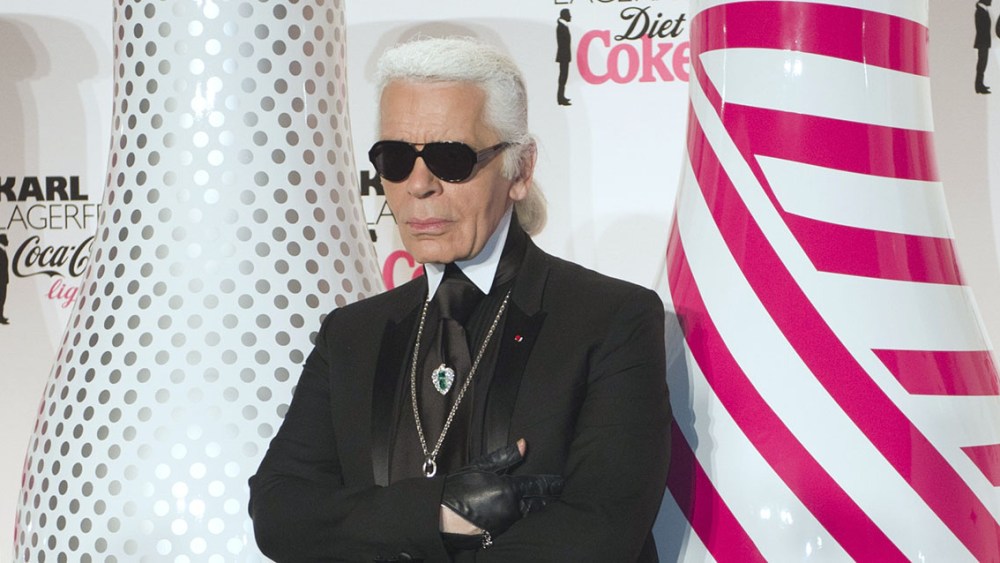 German fashion designer and photographer Karl Lagerfeld poses during the launch party of Diet Coke (Coca Cola Light) in Paris on April 7, 2011. AFP PHOTO BERTRAND LANGLOIS (Photo credit should read BERTRAND LANGLOIS/AFP via Getty Images)