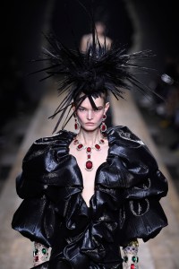 Model on the runway at Moschino Fall 2023 Ready To Wear Runway Show on February 23, 2023 at Officina Ventura in Milan, Italy.