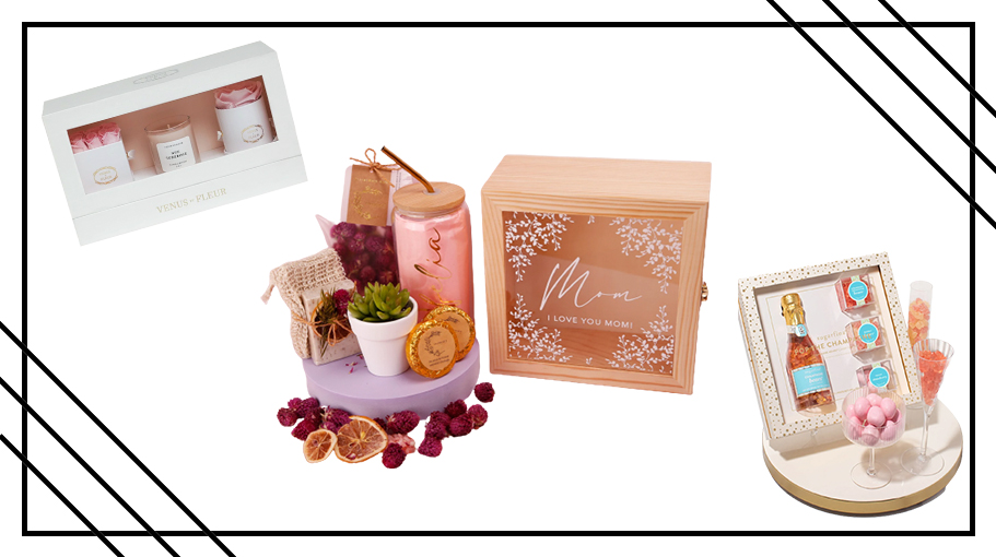 Mother's Day Venus et Fleur candle and flower gift set with Etsy's customizable mother's day box set and Sugarfina's Champagne gummy gift set.