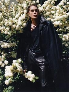 Bally’s leather coat, Fendi’s merino wool and sequin one-shoulder top and Balmain’s leather pants. Saint Laurent boots; East Village Hats fascinator; Miscreants velvet glove; Ben-Amun by Isaac Manevitz pearl and crystal earring.