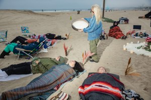 The scene at the Sacred Woman Collective sunset circle in Santa Monica, California.