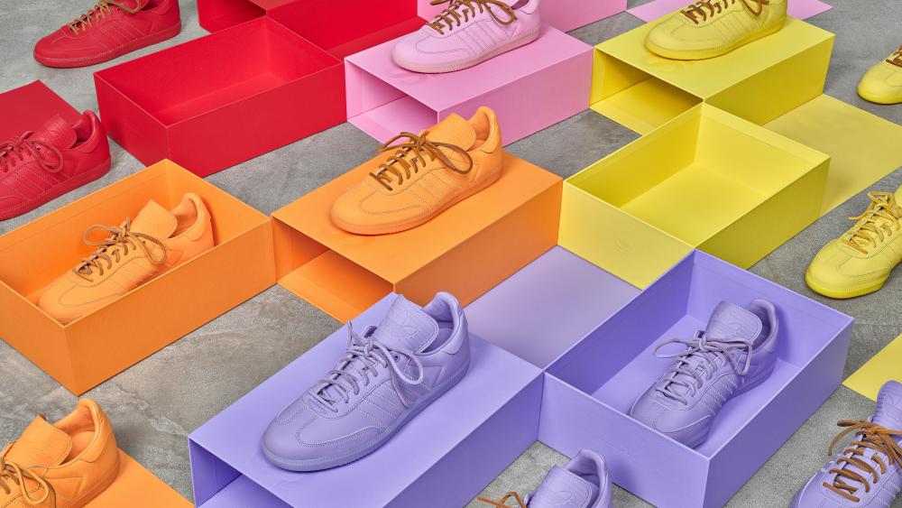 New colors for Adidas' iconic Samba shoe, in collaboration with artist Pharrell Williams.