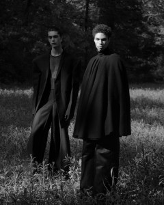 On Left: Rick Owens’ wool blazer, Palm Angels’ mesh shirt and Dior’s wool pants. Maison Margiela leather gloves; Ben-Amun by Isaac Manevitz pearl and crystal earring. On Right: Rick Owens’ wool circle cape and cotton and silk pants and Balmain’s wool turtleneck. Thorne Dynasty dagger huggie earring with David Yurman Shark Tooth Amulet in sterling silver with pavé black diamonds.