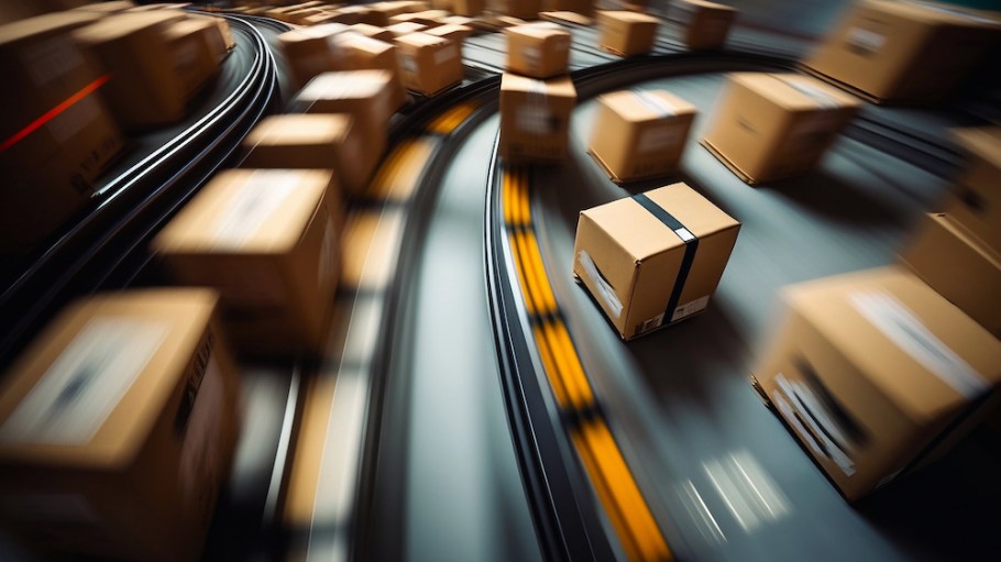 Top view of boxes on conveyor belt. Generative AI