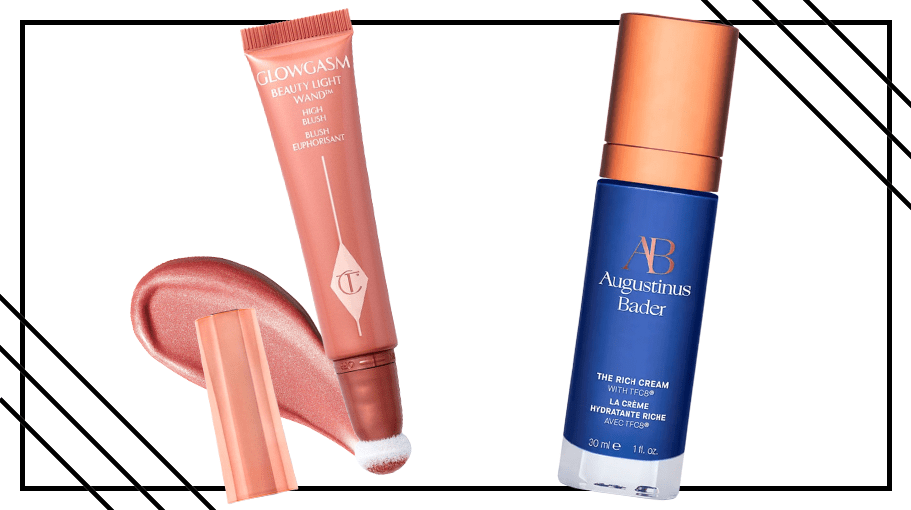 cream blush; blue tube of face cream