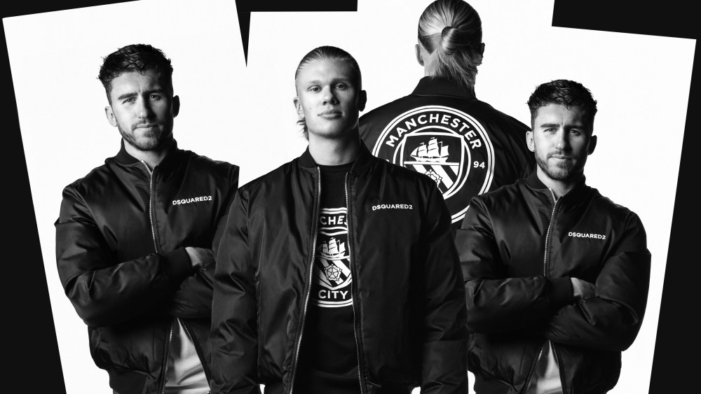 Aymeric Laporte and Erling Haaland in the Dsquared2 x Manchester City capsule collection campaign.
