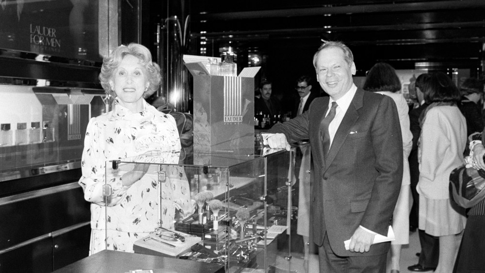 Estée Lauder and Lester Gribetz attend an event at Bloomingdale's in 1985.