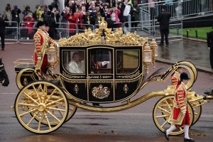King Charles III and Queen Camilla are carried in the Diamond Jubilee State Coach in the King's Procession from Buckingham Palace to their coronation ceremony London. Picture date: Saturday May 6, 2023. (Photo by Jordan Pettitt/PA Images via Getty Images)