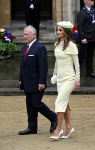 LONDON, ENGLAND - MAY 06: King Abdullah II of Jordan and Queen Rania arrive to attend the Coronation of King Charles III and Queen Camilla on May 6, 2023 in London, England. The Coronation of Charles III and his wife, Camilla, as King and Queen of the United Kingdom of Great Britain and Northern Ireland, and the other Commonwealth realms takes place at Westminster Abbey today. Charles acceded to the throne on 8 September 2022, upon the death of his mother, Elizabeth II. (Photo by Toby Melville - WPA Pool/Getty Images)