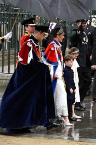 Britain's Prince William, Prince of Wales, Britain's Catherine, Princess of Wales, Britain's Princess Charlotte of Wales and Britain's Prince Louis of Wales arrive at Westminster Abbey in central London on May 6, 2023, ahead of the coronations of Britain's King Charles III and Britain's Camilla, Queen Consort. - The set-piece coronation is the first in Britain in 70 years, and only the second in history to be televised. Charles will be the 40th reigning monarch to be crowned at the central London church since King William I in 1066. Outside the UK, he is also king of 14 other Commonwealth countries, including Australia, Canada and New Zealand. Camilla, his second wife, will be crowned queen alongside him, and be known as Queen Camilla after the ceremony. (Photo by TOBY MELVILLE / POOL / AFP) (Photo by TOBY MELVILLE/POOL/AFP via Getty Images)