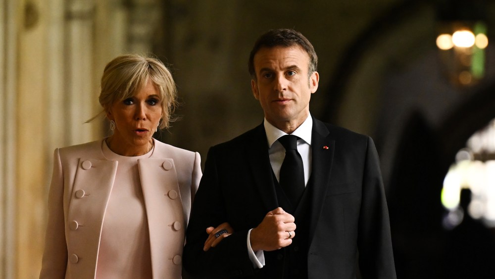 French President Emmanuel Macron and Brigitte Macron arrive at the Coronation of King Charles III and Camilla, Queen Consort on May 6 in London.