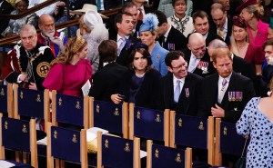(From L) Britain's Prince Andrew, Duke of York, Britain's Princess Beatrice of York, Peter Phillips, Edoardo Mapelli Mozzi, Zara Tindall, Princess Eugenie, Jack Brooksbank, Mike Tindall and Britain's Prince Harry, Duke of Sussex at Westminster Abbey in central London on May 6, 2023, attend the coronations of Britain's King Charles III and Britain's Camilla, Queen Consort. - The set-piece coronation is the first in Britain in 70 years, and only the second in history to be televised. Charles will be the 40th reigning monarch to be crowned at the central London church since King William I in 1066. Outside the UK, he is also king of 14 other Commonwealth countries, including Australia, Canada and New Zealand. Camilla, his second wife, will be crowned queen alongside him, and be known as Queen Camilla after the ceremony. (Photo by Yui Mok / POOL / AFP) (Photo by YUI MOK/POOL/AFP via Getty Images)