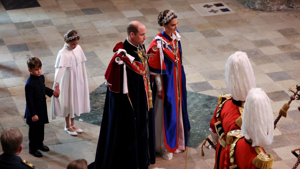 Britain's Prince William, Prince of Wales, Britain's Catherine, Princess of Wales, Britain's Princess Charlotte of Wales and Britain's Prince Louis of Wales arrive at Westminster Abbey in central London on May 6, 2023, ahead of the coronations of Britain's King Charles III and Britain's Camilla, Queen Consort. - The set-piece coronation is the first in Britain in 70 years, and only the second in history to be televised. Charles will be the 40th reigning monarch to be crowned at the central London church since King William I in 1066. Outside the UK, he is also king of 14 other Commonwealth countries, including Australia, Canada and New Zealand. Camilla, his second wife, will be crowned queen alongside him, and be known as Queen Camilla after the ceremony. (Photo by PHIL NOBLE / POOL / AFP) (Photo by PHIL NOBLE/POOL/AFP via Getty Images)