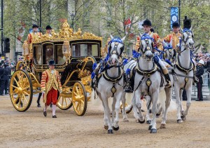 LONDON, UNITED KINGDOM - MAY 06: King Charles III and Camilla, Queen Consort are carried in the Diamond Jubilee State Coach in their procession from Buckingham Palace to Westminster Abbey on May 6, 2023 in London, United Kingdom. (Photo by Stuart Brock/Anadolu Agency via Getty Images)