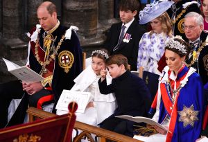 (From L) Britain's Prince William, Prince of Wales, Princess Charlotte, Prince Louis and Britain's Catherine, Princess of Wales attend the coronations of Britain's King Charles III and Britain's Camilla, Queen Consort at Westminster Abbey in central London on May 6, 2023. - The set-piece coronation is the first in Britain in 70 years, and only the second in history to be televised. Charles will be the 40th reigning monarch to be crowned at the central London church since King William I in 1066. Outside the UK, he is also king of 14 other Commonwealth countries, including Australia, Canada and New Zealand. Camilla, his second wife, will be crowned queen alongside him, and be known as Queen Camilla after the ceremony. (Photo by Yui Mok / POOL / AFP) (Photo by YUI MOK/POOL/AFP via Getty Images)