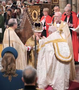 The Archbishop of Canterbury Justin Welby places the St Edward's Crown onto the head of Britain's King Charles III during the Coronation Ceremony inside Westminster Abbey in central London on May 6, 2023. - The set-piece coronation is the first in Britain in 70 years, and only the second in history to be televised. Charles will be the 40th reigning monarch to be crowned at the central London church since King William I in 1066. Outside the UK, he is also king of 14 other Commonwealth countries, including Australia, Canada and New Zealand. Camilla, his second wife, will be crowned queen alongside him and be known as Queen Camilla after the ceremony. (Photo by Jonathan Brady / POOL / AFP) (Photo by JONATHAN BRADY/POOL/AFP via Getty Images)