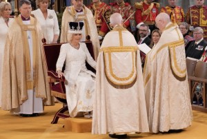 LONDON, ENGLAND - MAY 06: Queen Camilla is crowned with Queen Mary's Crown during her coronation ceremony at Westminster Abbey on May 6, 2023 in London, England. The Coronation of Charles III and his wife, Camilla, as King and Queen of the United Kingdom of Great Britain and Northern Ireland, and the other Commonwealth realms takes place at Westminster Abbey today. Charles acceded to the throne on 8 September 2022, upon the death of his mother, Elizabeth II. (Photo by Jonathan Brady - WPA Pool/Getty Images)
