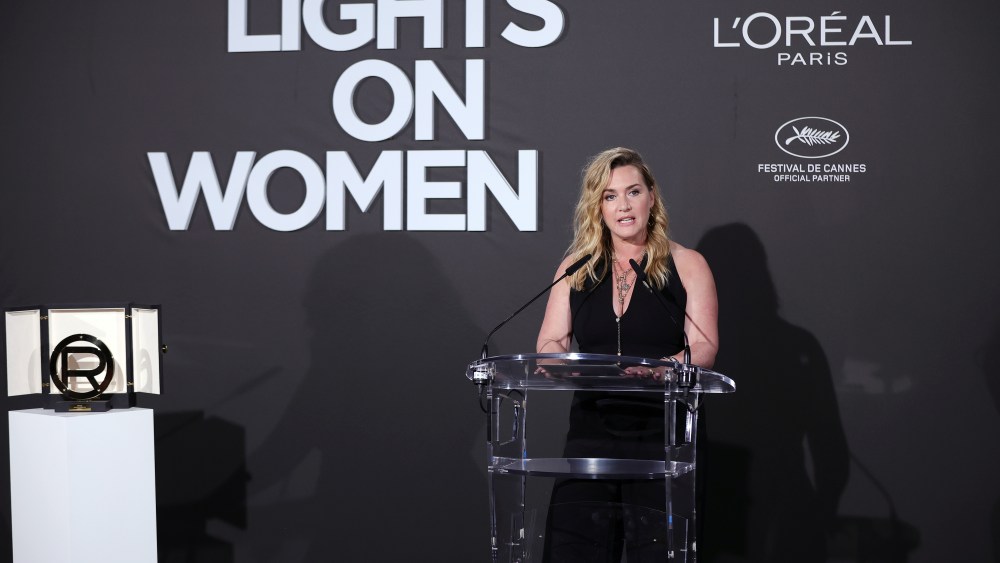 CANNES, FRANCE - MAY 27: Kate Winslet speaks onstage at the L'Oréal Paris Lights on Women Award dinner at Hotel Martinez on May 27, 2022 in Cannes, France. (Photo by John Phillips/Getty Images For L'Oréal Paris)