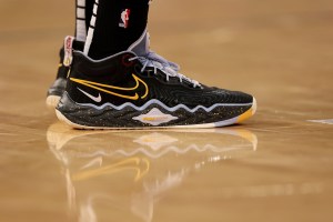 NEW YORK, NEW YORK - JANUARY 24:  The shoes of Kevin Love #0 of the Cleveland Cavaliers are seen during the third quarter against the New York Knicks at Madison Square Garden on January 24, 2023 in New York City. NOTE TO USER: User expressly acknowledges and agrees that, by downloading and or using this photograph, User is consenting to the terms and conditions of the Getty Images License Agreement. (Photo by Elsa/Getty Images)