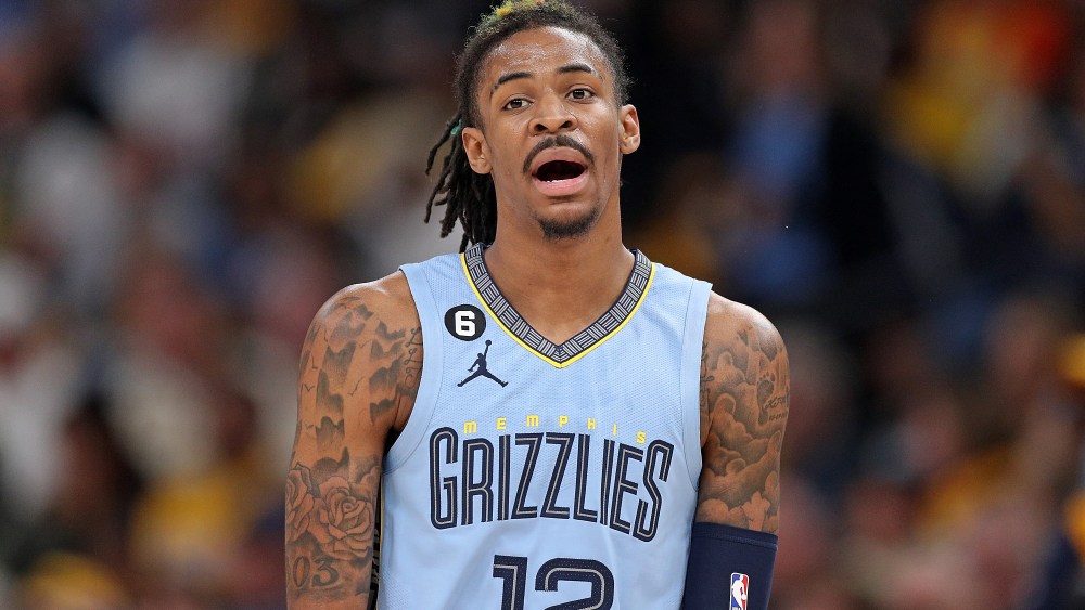 Ja Morant #12 of the Memphis Grizzlies looks on against the Los Angeles Lakers during Game Five of the Western Conference First Round Playoffs at FedExForum on April 26, 2023 in Memphis, Tennessee.