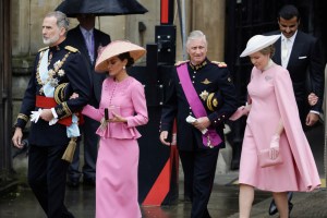 King Felipe VI of Spain, Queen Letizia of Spain, King Philippe of Belgium and Queen Mathilde of Belgium attend the Coronation of King Charles III and Queen Camilla on May 06, 2023 in London, England.